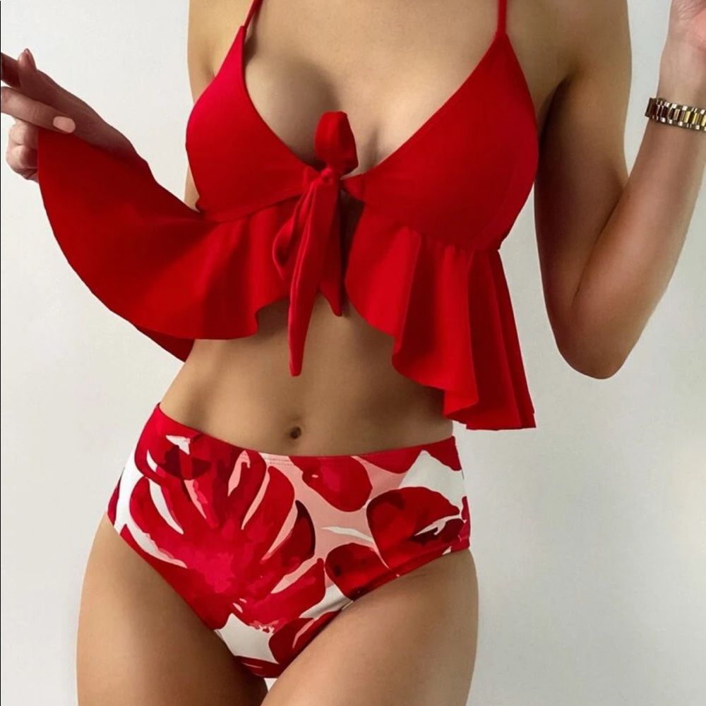 Red ruffle/peplum push up bikini